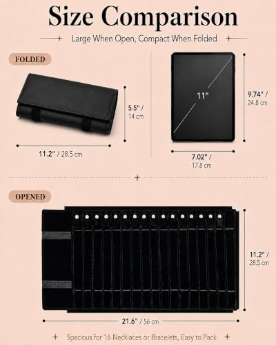Travel Necklace Organizer, Tangle Free Jewelry Case, 16 Slots - color: black PU and velvet