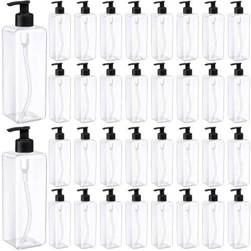 Zubebe 32 Pcs 16 oz Empty Plastic Pump Bottles Lotion Bottles with Pumps Clear Square Lotion Dispenser Refillable Shampoo Container for Massage Oil Liquid Soap Face Cream Moisturizer(Black) - color: Black
