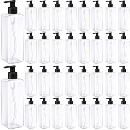 Zubebe 32 Pcs 16 oz Empty Plastic Pump Bottles Lotion Bottles with Pumps Clear Square Lotion Dispenser Refillable Shampoo Container for Massage Oil Liquid Soap Face Cream Moisturizer(Black) - color: Black