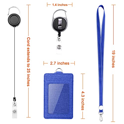 Life-Mate Badge Holder - Leather ID Badge Card Holder Wallet Case with 3 Cards Slot and Neck Lanyard/Strap. Additional Retractable Badge Reel with Belt Clip (Blue, Linen Finish) - color: Blue
