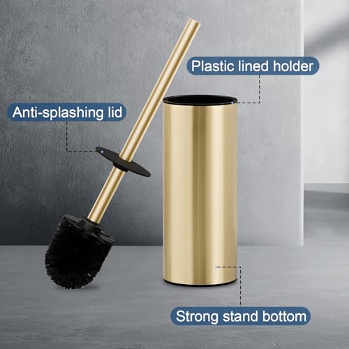 Toilet Brush and Holder Set, NEWRAIN 304 Stainless Steel Toilet Brush with Long Brush Handle, Brushed Gold Toilet Scrubber and Covered Holder, Round Design Sturdy and Space Saving, Covered Brush - color: Brushed Gold