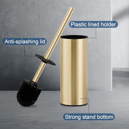 Toilet Brush and Holder Set, NEWRAIN 304 Stainless Steel Toilet Brush with Long Brush Handle, Brushed Gold Toilet Scrubber and Covered Holder, Round Design Sturdy and Space Saving, Covered Brush - color: Brushed Gold