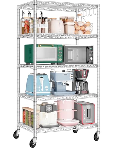PrimeZone Wire Shelving 5 Tier Slim Steel Storage Metal Shelves with Wheels - size: 24" W x 18" D x 75" H