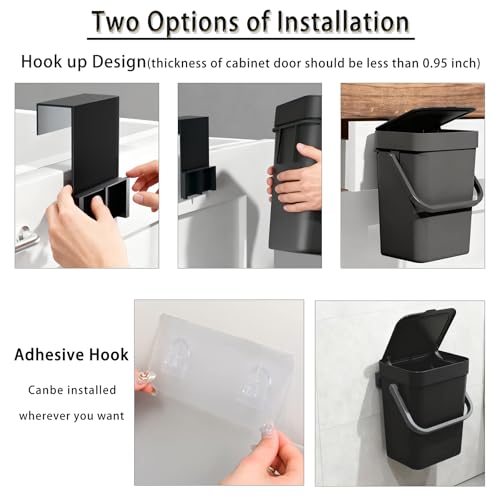 Compost Bin Kitchen, for use on Countertops or Under Sinks, Hanging Trash Can with Lid, Mountable Indoor Compost Bucket, for Cupboard/Bathroom/Bedroom/Office/Camping (Black 0.8 Gallon/3L)