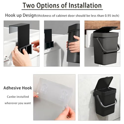 Compost Bin Kitchen, for use on Countertops or Under Sinks, Hanging Trash Can with Lid, Mountable Indoor Compost Bucket, for Cupboard/Bathroom/Bedroom/Office/Camping (Black 0.8 Gallon/3L)