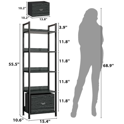 Furologee 5 Tier Bookshelf with Drawer, Tall Narrow Bookcase, Black Oak - color: Black Oak, size: 5 Tier
