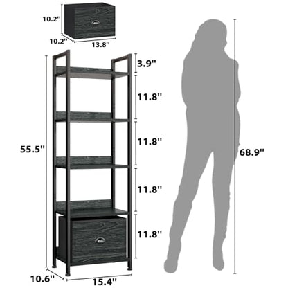Furologee 5 Tier Bookshelf with Drawer, Tall Narrow Bookcase, Black Oak - color: Black Oak, size: 5 Tier