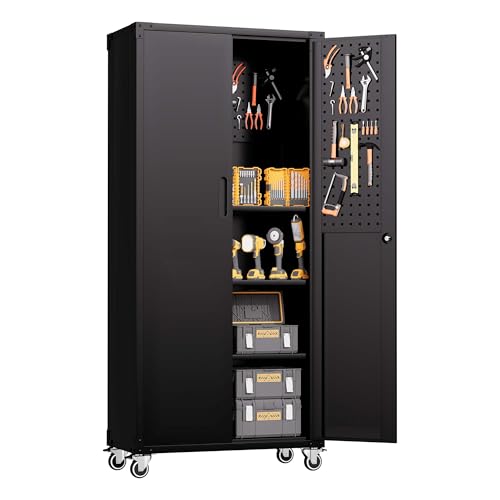 Metal Storage Cabinet for Garage, Tool Cabinet, Utility Cabinet - color: Black, size: L - 2 Doors & Pegboard (Wheeled)
