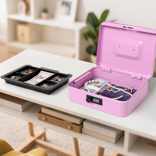 Jssmst Large Cash Box with Combination Lock - Durable Metal Cash Box with Money Tray, Light Purple (9.84 x 7.87 x 3.46) - color: Light purple, size: Large