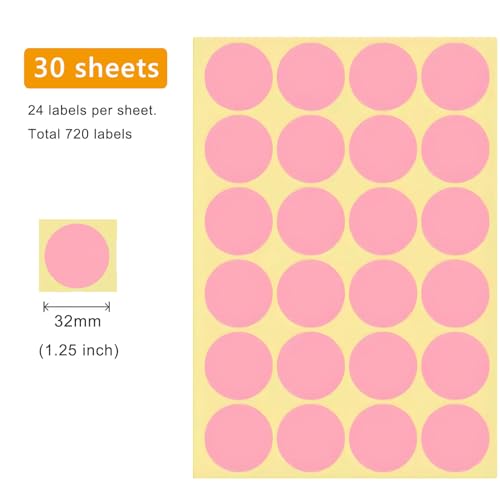 720 PCS Pink Dot Stickers 1-1/4 Inch Round Color Coding Labels 1.25" Circle Sticky Dots 32 mm Blank Circular Price Label Sticker Sheets for Spice Seal Inventory Office Classroom Must Haves - color: Pink