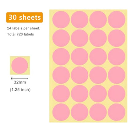 720 PCS Pink Dot Stickers 1-1/4 Inch Round Color Coding Labels 1.25" Circle Sticky Dots 32 mm Blank Circular Price Label Sticker Sheets for Spice Seal Inventory Office Classroom Must Haves - color: Pink