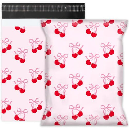 Whaline 100Pcs Cherry Poly Mailer 10 x 13 Inch Pink Bow Fruit Mailing Bag Valentine Cute Self-Sealing Plastic Packaging Envelope Bag for Small Business - style: Bow Cherry
