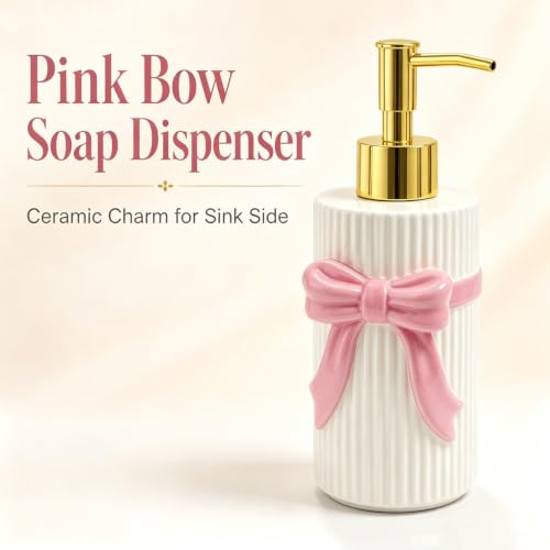 Ceramic Pink Bow Soap Dispenser, Cute Coquette Pump Dispenser, Refillable Hand Lotion Bottle, Preppy Accessories for Bathroom Kitchen Decor