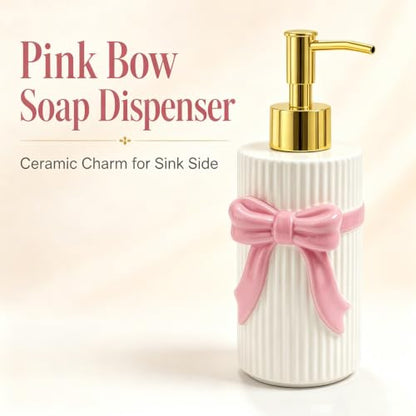 Ceramic Pink Bow Soap Dispenser, Cute Coquette Pump Dispenser, Refillable Hand Lotion Bottle, Preppy Accessories for Bathroom Kitchen Decor