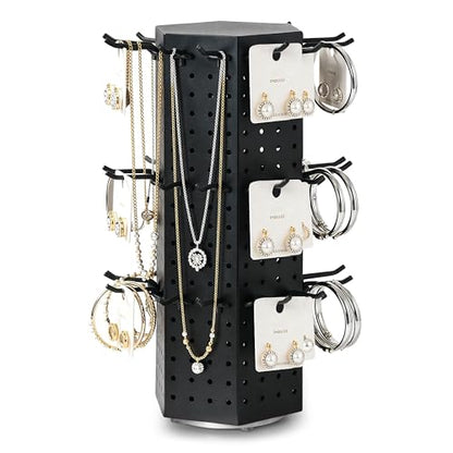 Rotating Pegboard Display Stand, 6-Sided, No Assembly Metal Spinning Display with 36 Hooks – 16" H Heavy Duty Keychain & Jewelry Organizer for Retail, Craft Shows & Vendors (Black)