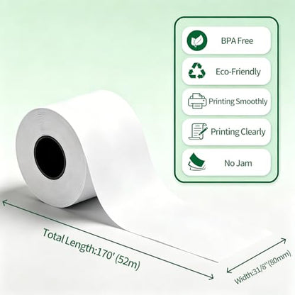 Sticky Linerless Thermal Receipt Paper, 3 1/8"x170', 6 Rolls