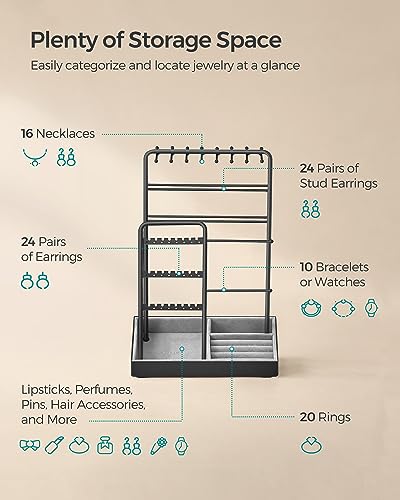 SONGMICS Jewelry Holder, Display Stand, Metal Frame, Velvet Tray - color: Ink Black, size: 4.5"D x 7.7"W x 12.1"H