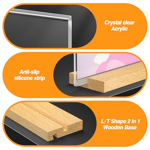 8.5 x 11 Acrylic Sign Holder with Wood Base - Tabletop Display Menu Stand - Clear Plastic L/T Shape Vertical or Slant Back Paper Holders - 3 pack - style: 8.5x11in 3pack