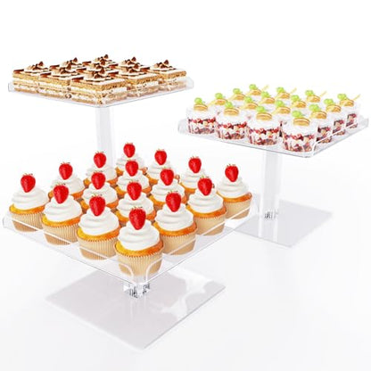 Bakzon 3 Piece Cupcake Stand, Acrylic Dessert Table Display Set, Clear Square Serving Trays for Birthday, Wedding, Baby Shower