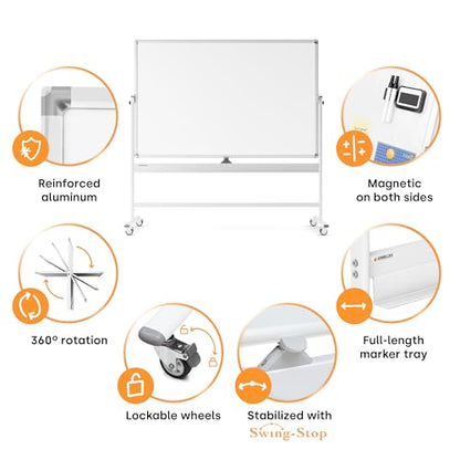 Kamelleo Rolling Whiteboard on Wheels 96" x 46", Double Sided White Board - color: Pearl White, size: 96x46