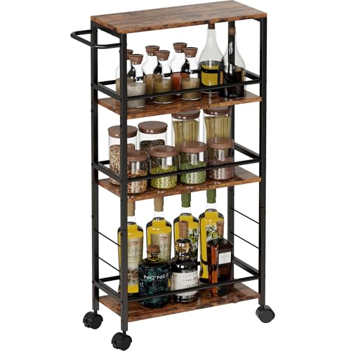 Narrow Storage Cart with Wheels, 4-Tier Narrow Kitchen Carts Slim Rolling Cart, Skinny Storage Cart, Snack Cart Slim Laundry Carts with Handle for Livingroom, Diningroom, Office（Rustic Brown, Black） - size: 7.3"D x 16.7"W x 34.3"H