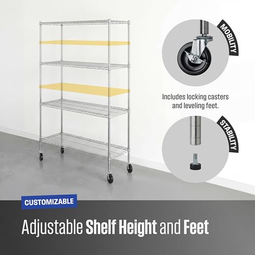 SafeRacks NSF 4-Tier Heavy Duty Steel Wire Rack w/Wheels (18"x48"x72") - color: Silver, size: 18"x48"x72" 4-Tier
