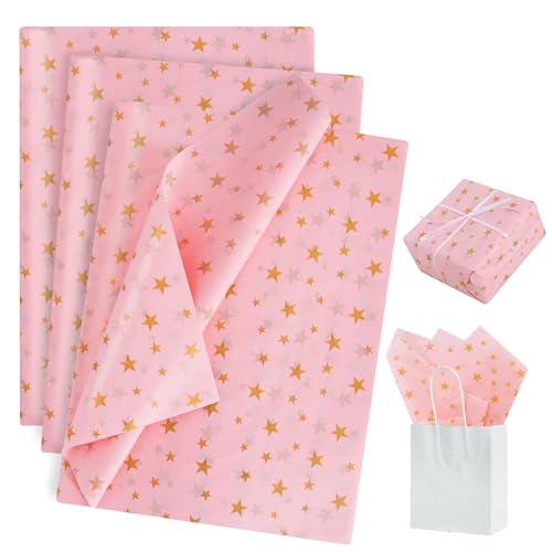 BEISHIDA Pink and Gold Star Tissue Paper Bulk,Wrapping Tissue Paper for Gift Bags, 14 x 20 Inch Gift Wrap for Christmas Birthday Wedding Graduation DIY Crafts Holiday Flowers-30 Sheets - color: 30-pg
