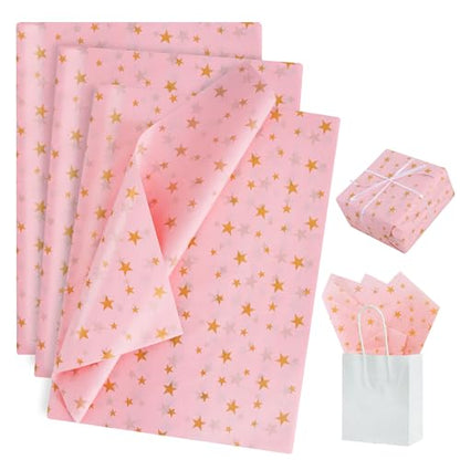 BEISHIDA Pink and Gold Star Tissue Paper Bulk,Wrapping Tissue Paper for Gift Bags, 14 x 20 Inch Gift Wrap for Christmas Birthday Wedding Graduation DIY Crafts Holiday Flowers-30 Sheets - color: 30-pg