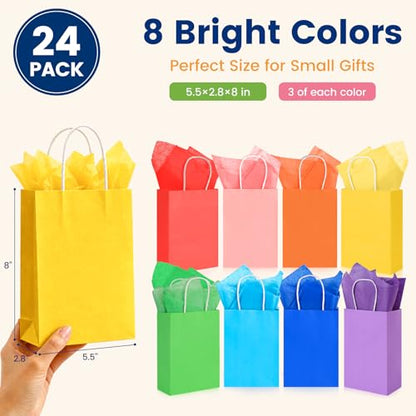 LovesTown 24 Pack Gift Bags with Tissue Paper, 8 Colors
