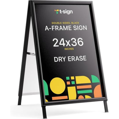 T-SIGN Sidewalk Sign for Indoor & Outdoor Sign - Open Aluminum A Frame Sign Poster Board 24x36 Inches, White Dry Erase Surface - Heavy Duty Double Sided Sandwich Board, Street Advertising Sign Board - color: Black - Premium Dry Erase Surface