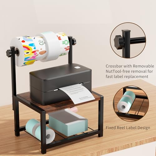 Label Holder for Rolls and Fan-Fold Labels, Sturdy Thermal Sticker Holder for Desktop Thermal Printer, Shipping Label Sticker Dispenser for Home, Office, and Small Businesses - color: Rustic Brown