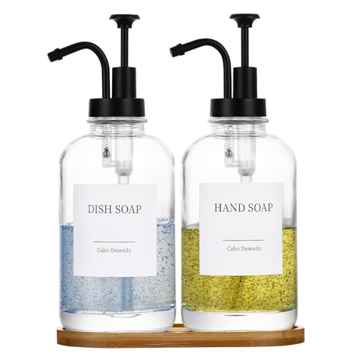 Glass Soap Dispenser with Pump, Dish and Hand Soap Dispenser for Kitchen Bathroom Set, Clear Glass Dispenser Set of 2 Pack with 18 Stickers Funnel Bamboo Tray 500ml 18oz / Each Bottle Sliver Pump - color: Glass+black Pump