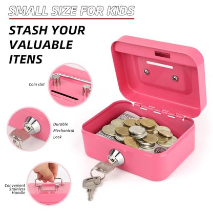 4 Pcs Metal Cash Box Set with Key Lock,4.5" x 3.3" x 2" Steel Money Box for Coins Bills,Portable Mini Safe Piggy Bank for Kids,Christmas Gifts Without Money Tray(Black/Green/Gray/Pink)