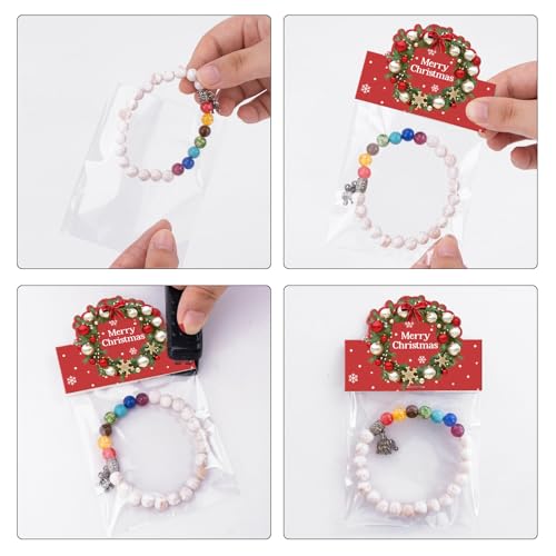joycraft Jewelry Packaging for Small Business – 100Pcs OPP Clear Xmas Treat Bags with Merry Christmas Wreath Cards, Christmas Jewerly Display Bags Packaging for Selling, Party Favors, Holiday - color: Red with Garland