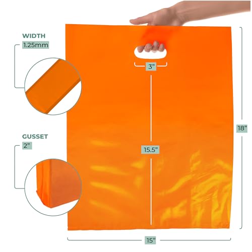 15x18 Orange Plastic Bags, 2" Gusset, Glossy, Die-Cut, 1.25 Mil, 100 Pack