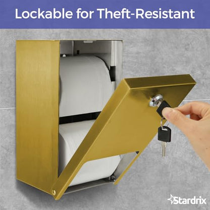Stardrix Gold 2 Roll Stainless Steel Commercial Toilet Paper Dispenser, Heavy Duty Wall Mount Tissue Holder with Lock for Restroom/Bathroom - color: Gold
