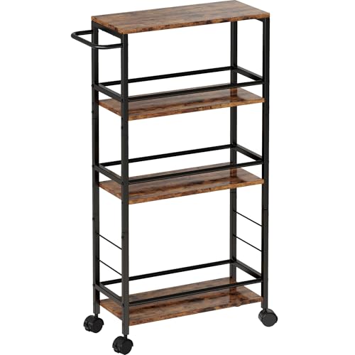 Narrow Storage Cart with Wheels, 4-Tier Narrow Kitchen Carts Slim Rolling Cart, Skinny Storage Cart, Snack Cart Slim Laundry Carts with Handle for Livingroom, Diningroom, Office（Rustic Brown, Black） - size: 7.3"D x 16.7"W x 34.3"H