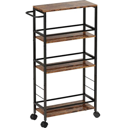 Narrow Storage Cart with Wheels, 4-Tier Narrow Kitchen Carts Slim Rolling Cart, Skinny Storage Cart, Snack Cart Slim Laundry Carts with Handle for Livingroom, Diningroom, Office（Rustic Brown, Black） - size: 7.3"D x 16.7"W x 34.3"H