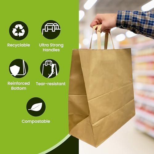 Reli. Paper Grocery Bags w/Handles | 100 Pcs Bulk Pack (12"x7"x14")