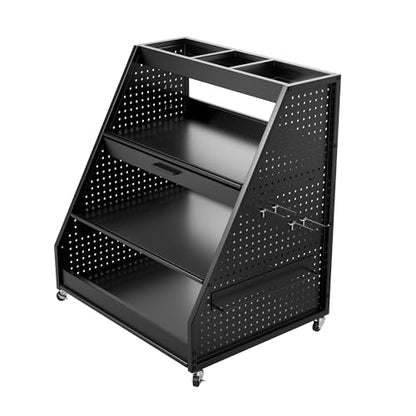 4-Tier Heavy Duty Rolling Tool Cart with Pegboard & Sliding Tray, 440 LBS Load Capacity Steel Utility Cart on Lockable Wheels, Mobile Tool Storage Organizer for Mechanic, Garage, Workshop, Black