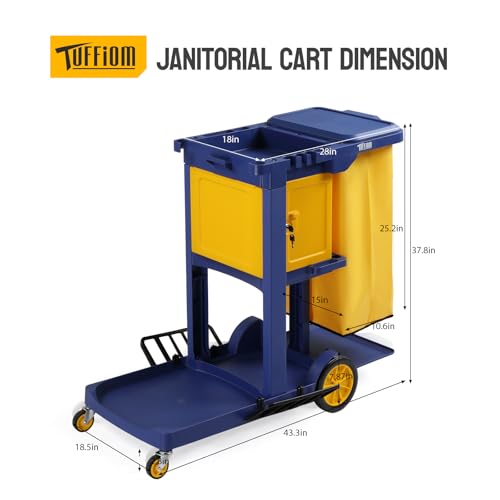 TUFFIOM Multifunctional Janitorial Cart with Key-Locking Cabinet,Cleaning Carts on Wheels,with 15 Gallon Collection Bag,500 lbs Capacity, Yellow&Blue - color: Blue