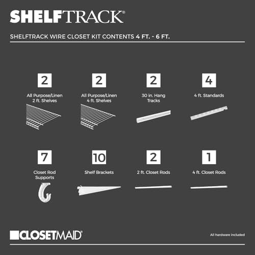 ClosetMaid ShelfTrack Wire Closet Organizer System, Adjustable from 4 to 6 Ft., With Shelves, Clothes Rods, Hardware, Durable Steel, White - color: White, size: 4 ft to 6 ft