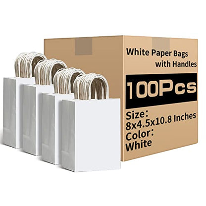 RACETOP White Gift Paper Bags 100 Pack 8x4.5x10.8 in Medium with Handles - color: White 8x4.5x10.8, size: 1 Count (Pack of 100)