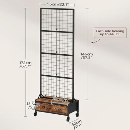 MAHANCRIS 1.8' x 5.6' Ft Grid Wall Panel, Retail Display Rack with 2 Fabric Drawers & 4 Wheels, Gridwall Display Stand with 10 Hooks and 10 Anti-Wind S-Hooks, for Entryway, Kitchen, Outdoors, GPHR5601