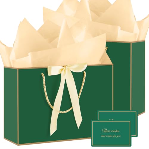woric 2 Pcs Green Gift Bags, 14" Medium Gift Bags with Tissue Paper - color: Green