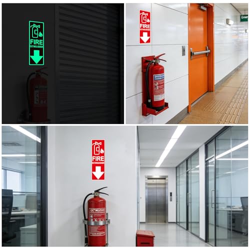 Fire Extinguisher Sign Sticker, Glow in the Dark with Down Arrow 3 Pack - size: 4×12 Inch