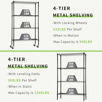 4 Tier Wire Shelving Unit with Wheels, 36 x 14 x 62 Heavy Duty - color: Black, size: 14"D x 35.6"W x 61.8"H