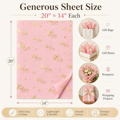 ROVIBIOBIO Thank You Pink Tissue Paper, 100 Sheets, 20 x 14 Inch - color: Gold Pink
