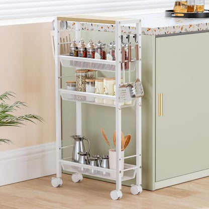 Slim Rolling Cart, 4-Tier Narrow Kitchen Storage Cart, Slim Utility Cart on Wheel, Skinny Bathroom Storage cart with Wood Tabletop, 6.0" Deep, for Kitchen, Living Room, Laundry Room, White - color: White