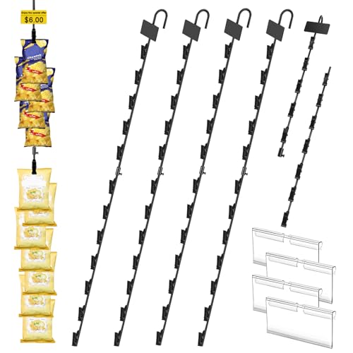 Hanging Chip Clip Strips for Merchandising with Hooks, 32 inch Chip Display Rack Stand 48 Clips Potato Chip Bag Holder with Label Headers Metal Retail Display Rack for Snack Candy 4 Pcs Black - size: 4Pcs-Black